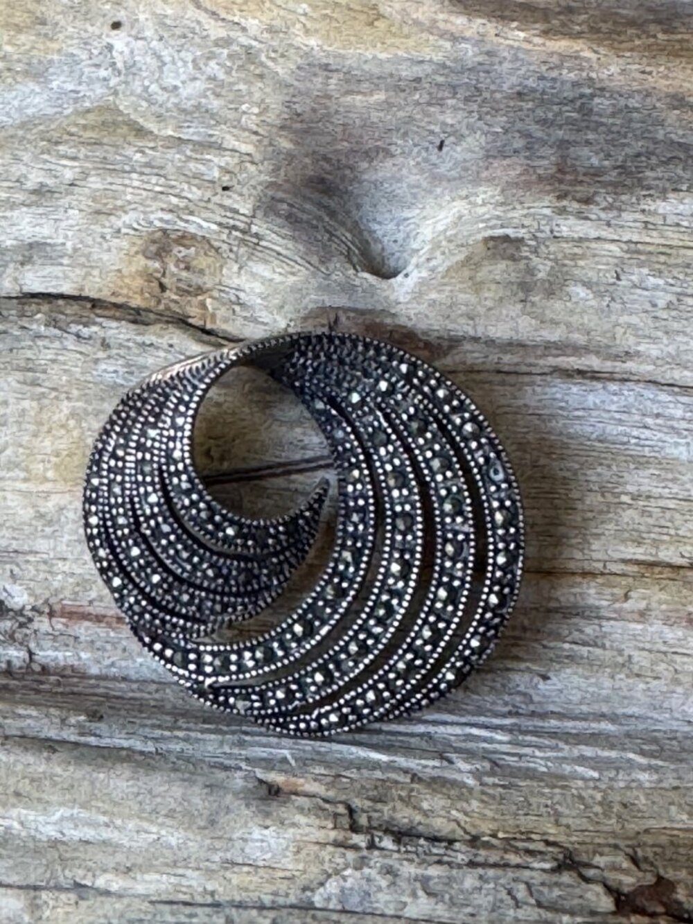 Sterling Silver Marcasite Swirl Brooch Pin 925 Spiral Openwork 1.25” Vintage